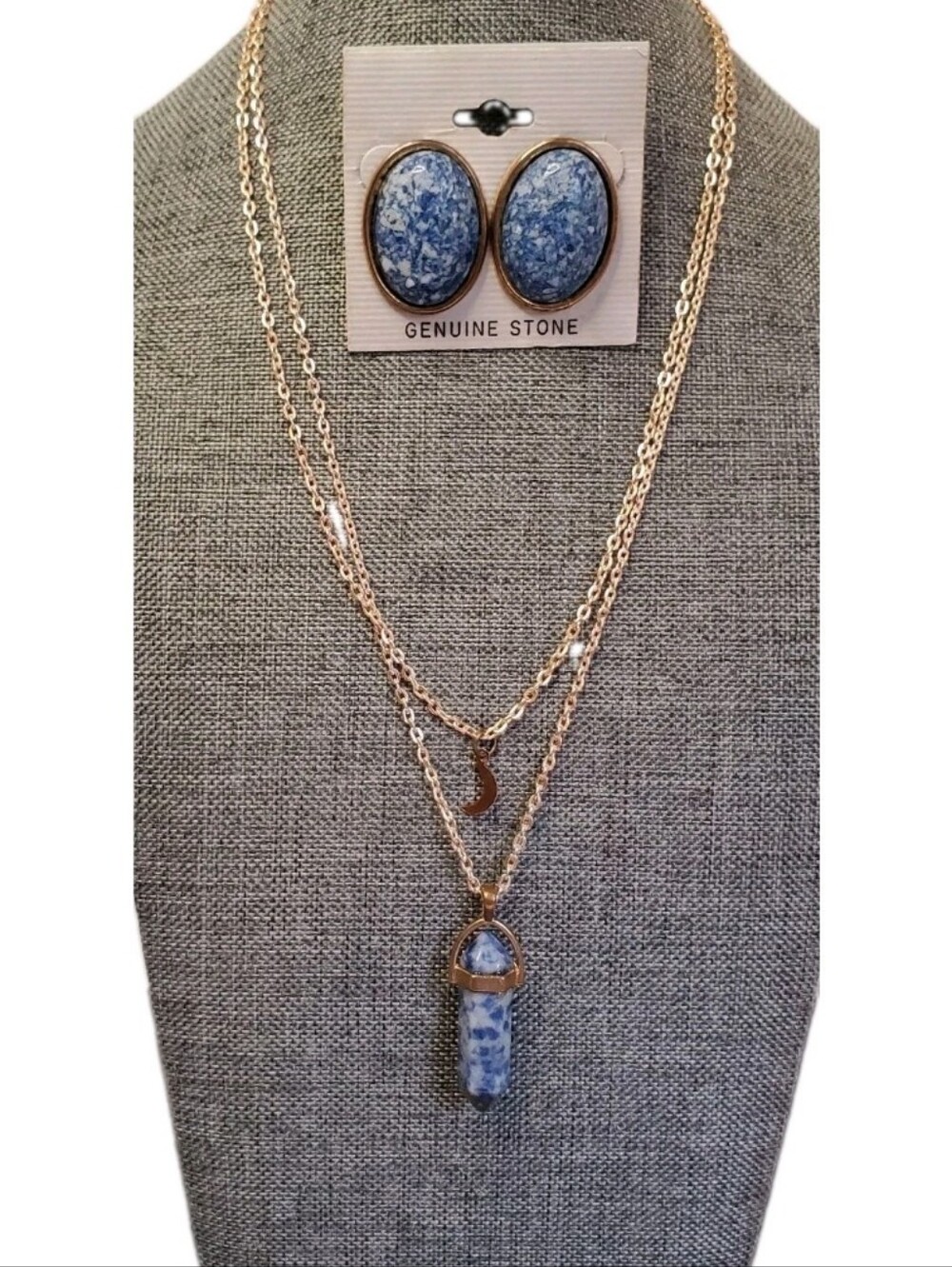 Celestial Layered Necklace Earrings Set Goldtone Crescent Moon Charm Jewelry